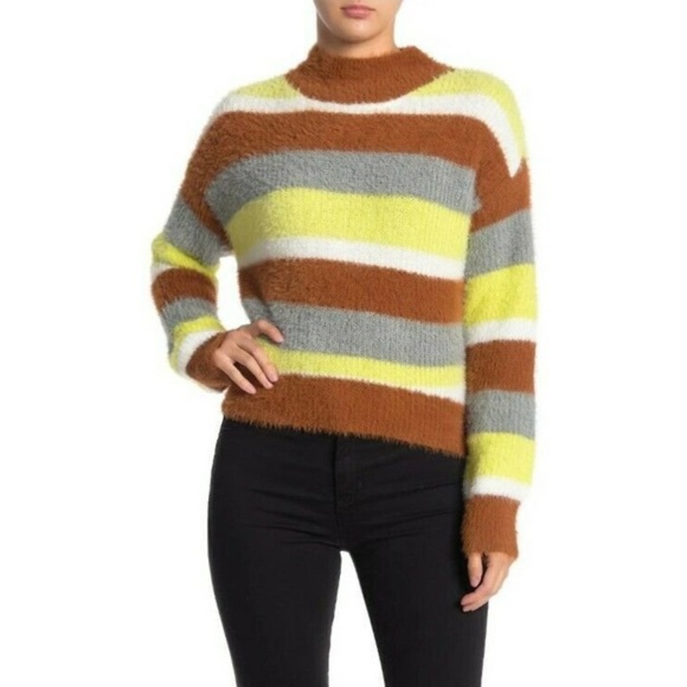 Fuzzy Striped Mock Neck Sweater Earth Tone Neutral Medium